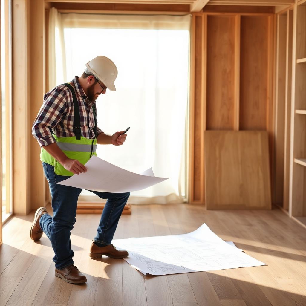 Contractor reviewing flooring plans on-site