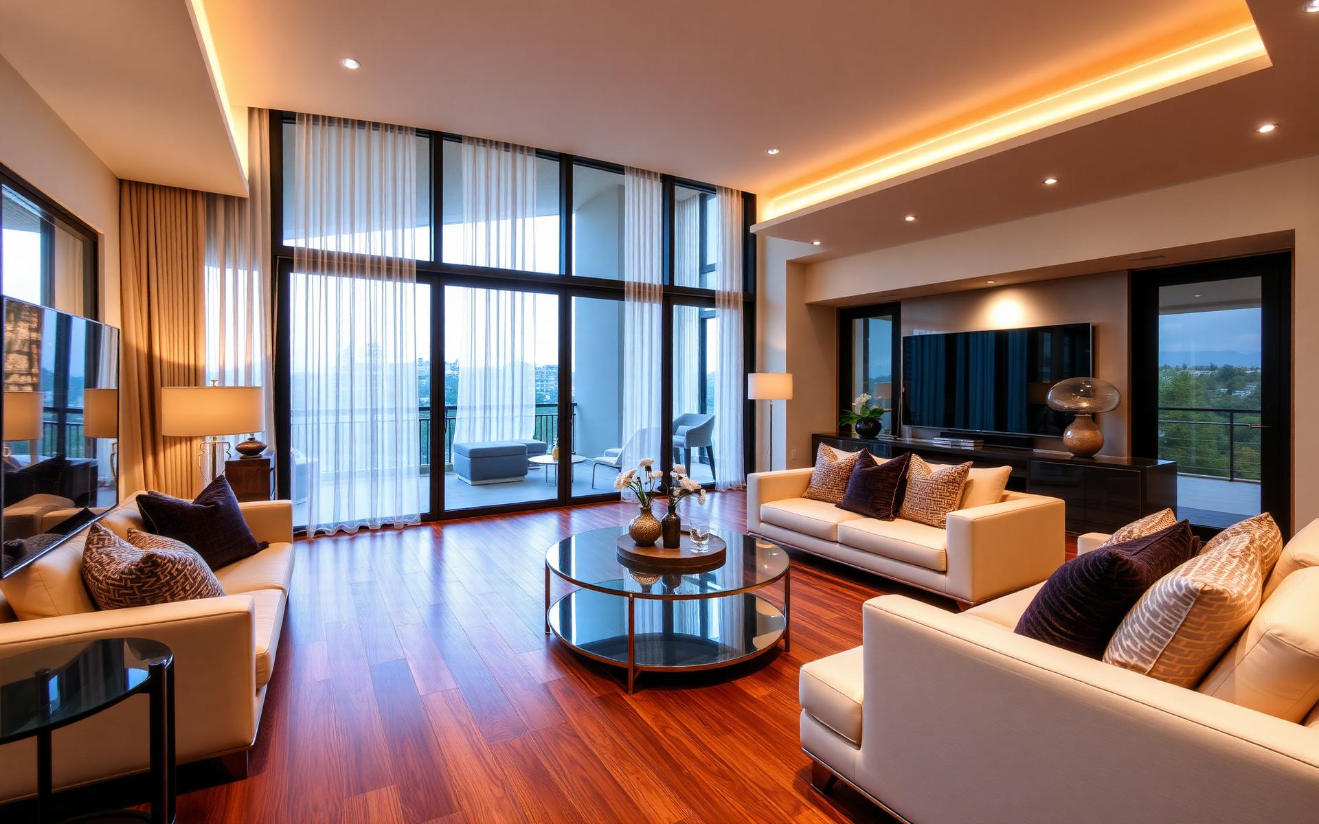 Living room hardwood at golden hour